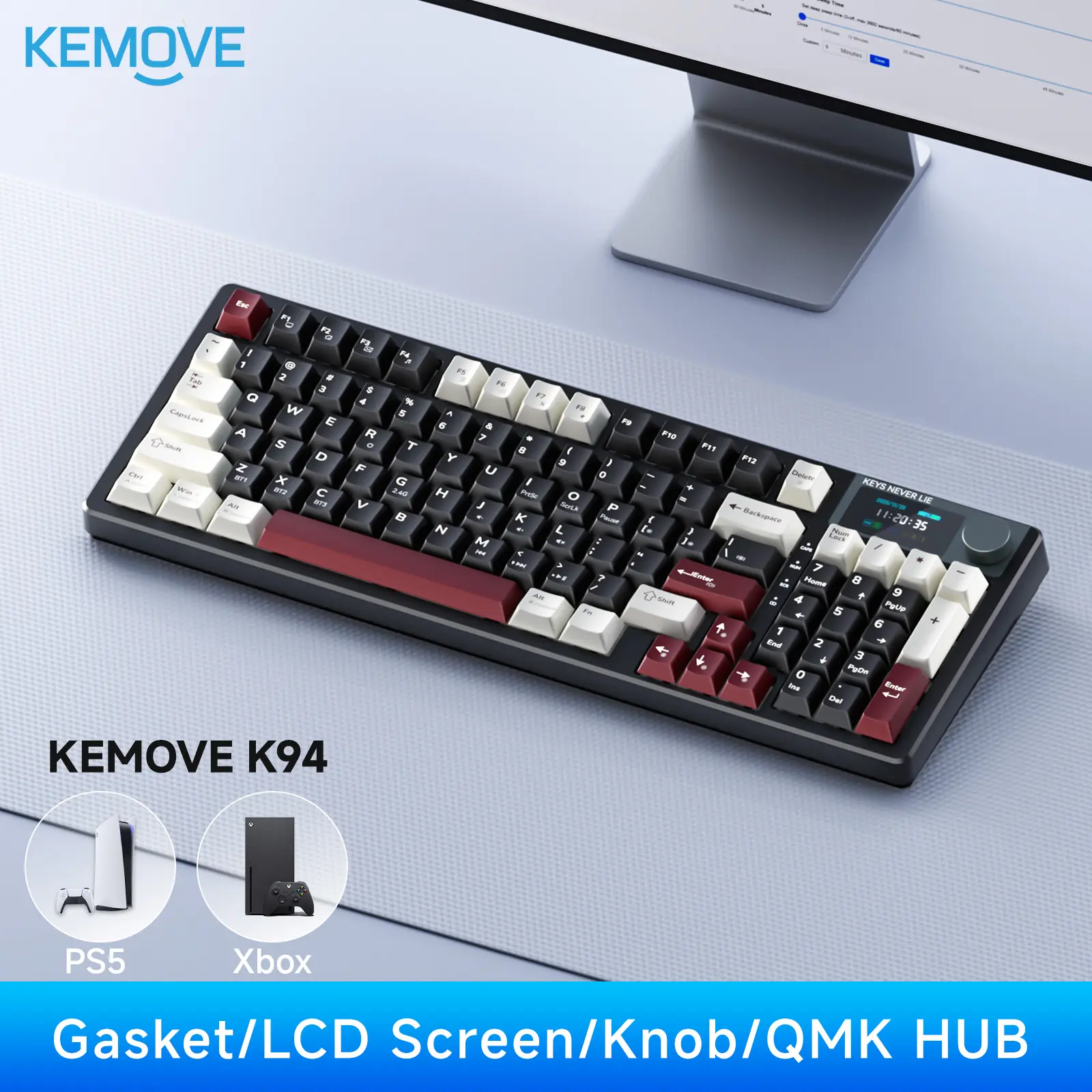 [NEW] Kemove K94 Gasket Mount Creamy Typing  with Knob & LCD Smart Screen  Mechanical Keyboard, 96% Layout Gaming Keyboard with QMK Programmable, Tri-Mode Connection ,RGB Lights, Hot Swappable for PC/Laptop/Windows Gift