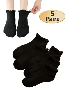 Women's Gingham Ankle Socks, Cute Folded Ruffle Low Cut Summer Breathable Loose Fit Short Socks, Casual Style, Pack of 6
