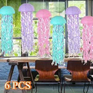 6 Pcs Hanging Jellyfish Paper Lanterns,with Tassel and Glitter,Colorful Contemporary Design, No Electricity Needed,for Birthdays, Christmas & Festive Celebrations, Mermaid Party Decorations, Underwater Party Decorations