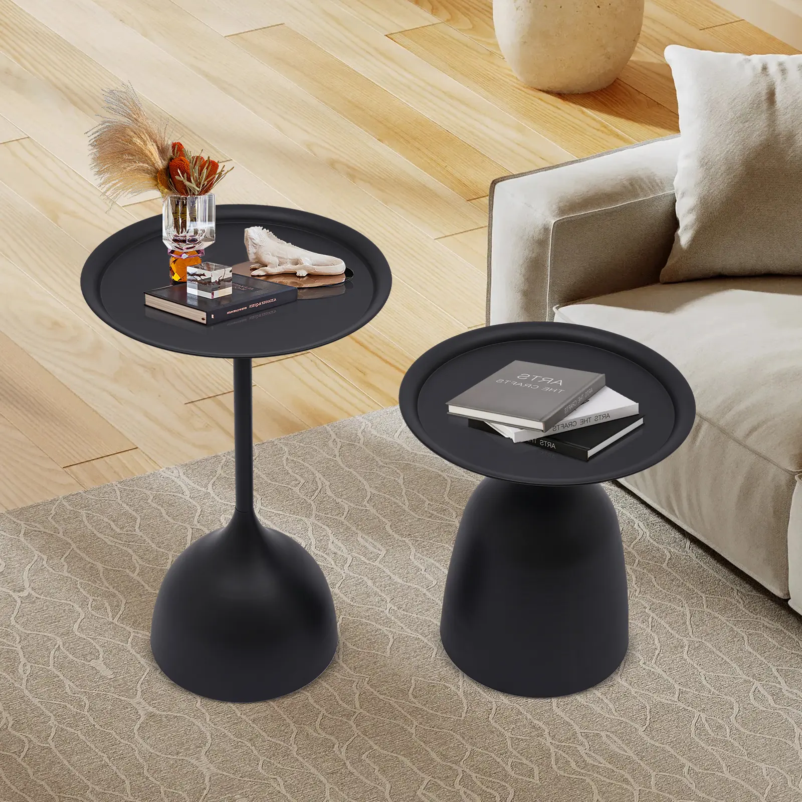 CNCSET Set of 2 Round Side Tables Black Nesting End Tables Bundle with 15.7 Inch Tops, 16.9 & 23.6 Inch Height for Living Room Bedroom, Modern Iron Accent Tables, Sturdy End Tables, Living Room Use