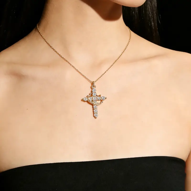 Simple Crown and Cross Pendant Necklace for Women, Delicate Fashion Chain Necklace for Daily Wear, Casual & Party Outfits, Special Occasions, Birthday, Christmas & Holiday Gift cross necklace