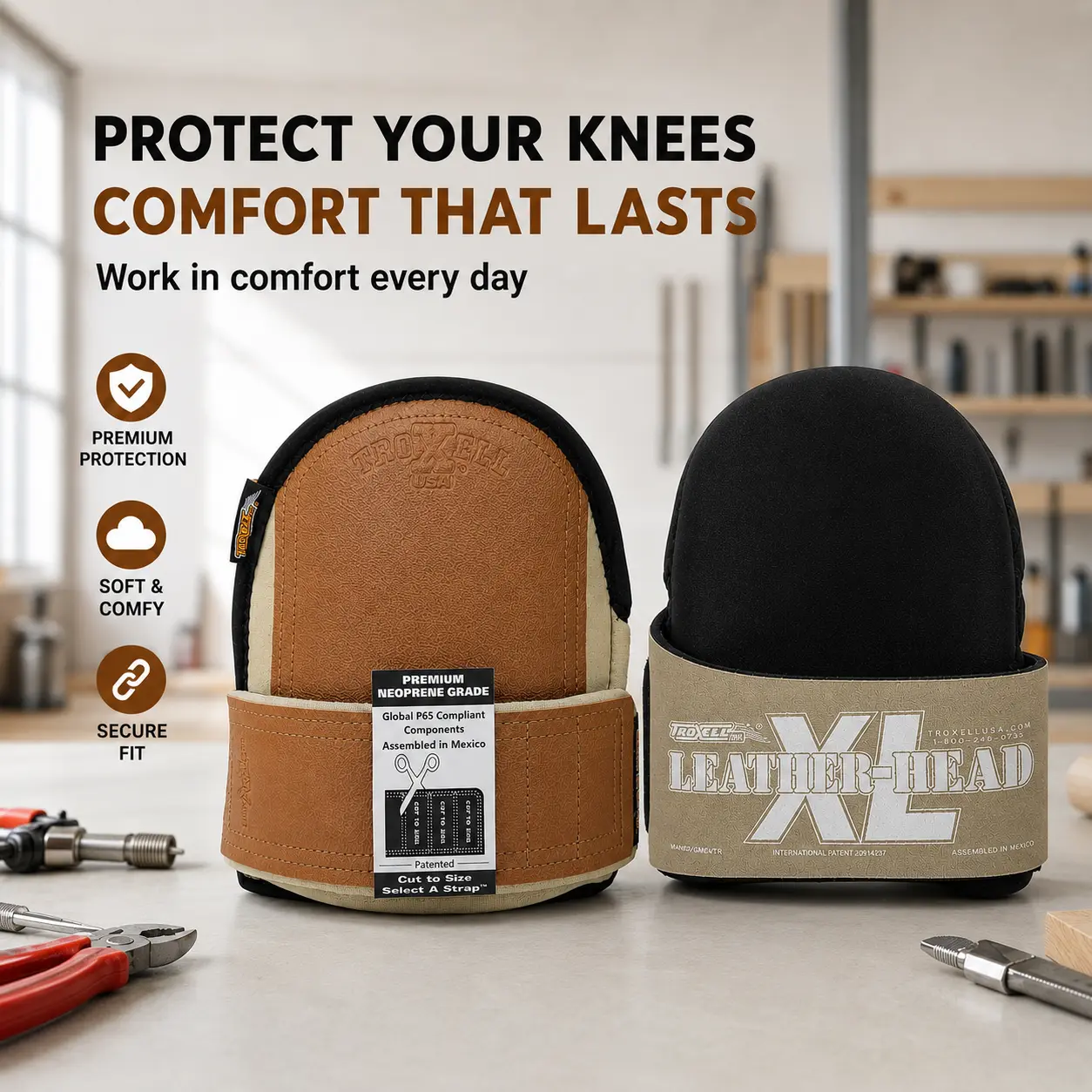 TROXELL USA Knee Pads for Work – SuperSoft Leatherhead Construction Knee Pads for Flooring Installation, Roofing, Gardening, Adjustable Strap, Size Large