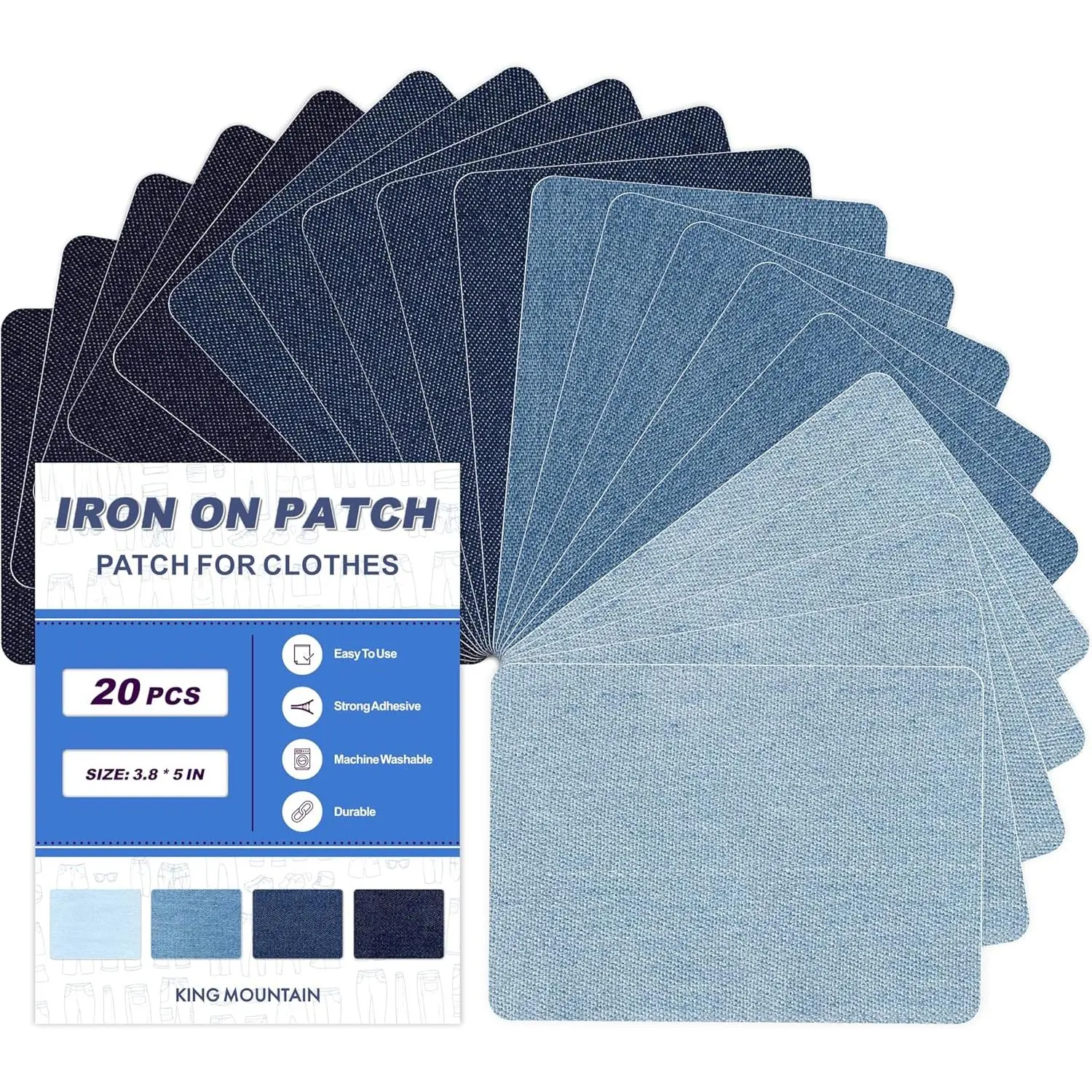 100% Cotton Multi-Colored Rectangular Iron-On Denim Repair Patches, 20-Piece Easy-to-Use Kit (3.7in x 4.9in/9.5cm x 12.5cm) - Durable, Machine-Washable Accessory for Daily Clothing Hole Repair