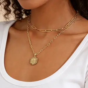 FAITHOPIA 18K Gold Plated Initial Necklace  Women| Stainless Steel Layered Paperclip Chain| Hexagon Letter Pendant A-Z| Dainty Monogram Jewelry  Everyday Wear for