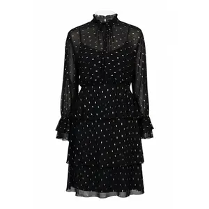 Mikael Aghal Black Metallic Dot Chiffon Tiered Dress with Ruffle Details