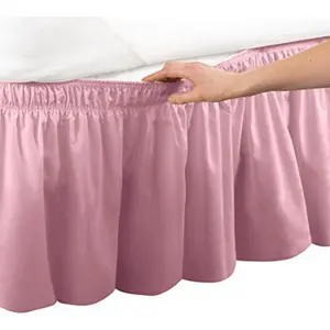Pleated Three Sides Fabrics Wrap Around Style Egyptian Cotton Elastic 17 inch Drop Dust Bed Skirt for Twin Full Queen King Size Beds (Queen, Pink)
