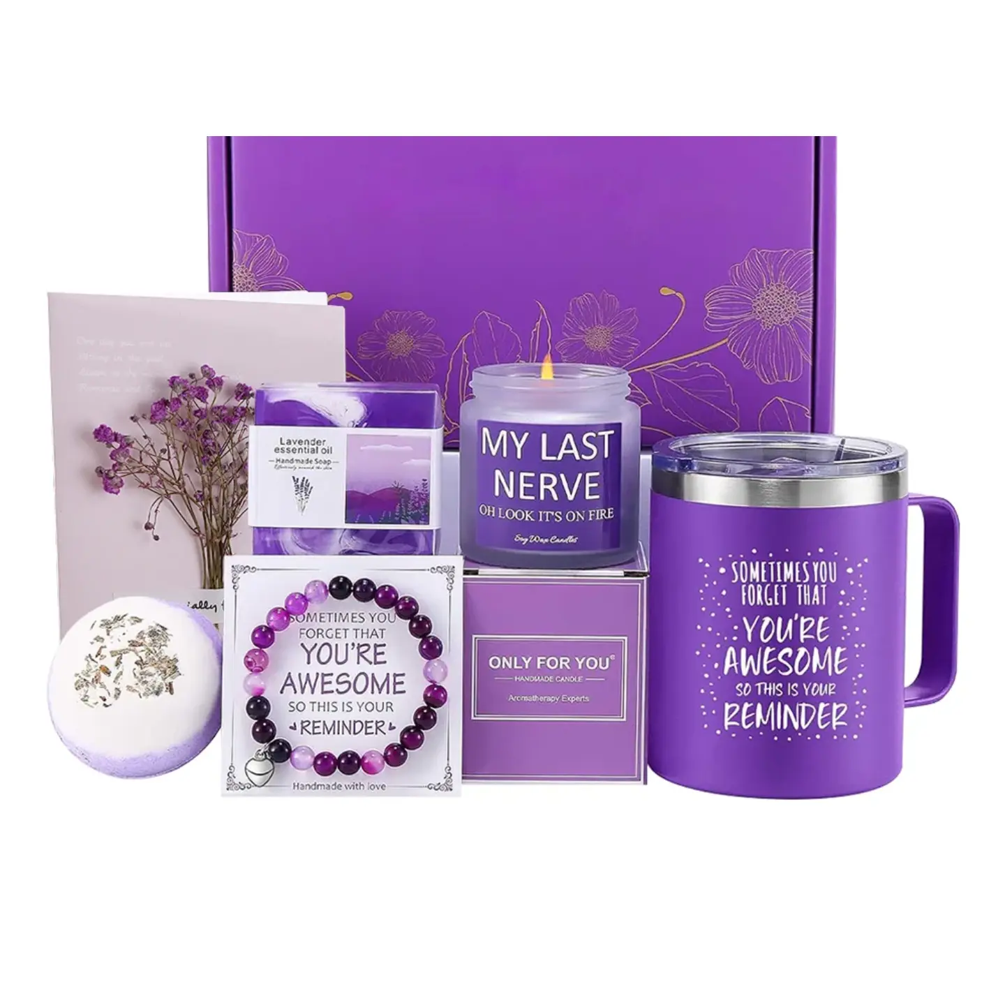 Lavender Self-Care Gift Box – Mug, Candle, Bath Bomb, Handmade Soap, Bracelet (Relaxation Gift Set)