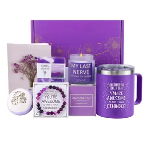 Lavender Self-Care Gift Box – Mug, Candle, Bath Bomb, Handmade Soap, Bracelet (Relaxation Gift Set)