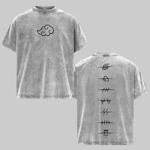 Men's Naruto Anime Akatsuki Clan Logo Menswear T-Shirt - Classic Crew Neck, Retro Washed, Oversize Heavyweight Cotton Short-Sleeve, 3XL, Cold Wash, High-Quality Vintage Streetwear for Naruto Fans' Casual Wear