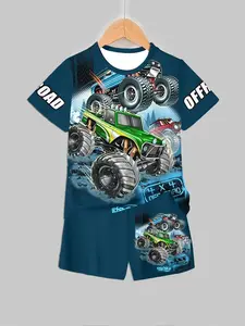 Monster Truck Print Short Sleeve Tee and Shorts Set for Boys, Cool Casual for Little Car Enthusiasts, Fitted H Type Style, Youth Kits