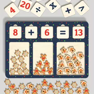 Christmas Theme Wooden Math Arithmetic Board Multi item Party Favors Packs, Activities Learning Counting,Learning Materials,Includes Wooden Base, Numbers 1 to 20, And 40 Gingerbread Man Shaped Wooden Blocks,Learn Counting Tools, Easier to Learn Arithmetic