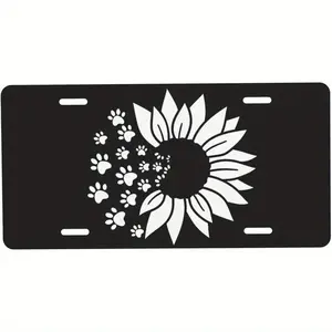 Sunflower & Dog Paw Print License Plate - 12x6 Inch Black Metal Car Tag with White Floral Design, Durable Front Car Decor, Novelty Gift for Pet Lovers, US Standard Fit, Sunflower Car Accessories, Decorative Vanity Plate, Longlasting Material