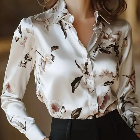 Women's Floral Print Botanical Top Satin Blouse, Feminine Elegant Chic Elegance Long Sleeve Button Closure Top for Work Office Business, Ladies Clothes for All Seasons, Shirts, Flower Print Top, Button Up Top, Classy Tops
