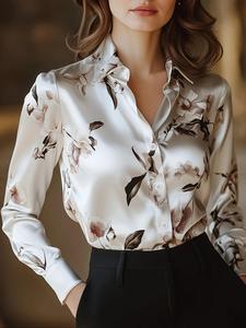 women's floral print satin blouse, elegant long sleeve button closure top for work office business, ladies clothes for all seasons, shirts