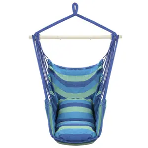 NEWZOME Distinctive Cotton Canvas Hanging Rope Chair with 2 Pillows  Comfortable Indoor Outdoor Hammock Chair for Porch Patio Balcony Bedroom Lounge Decor 250lb Capacity