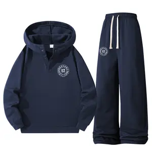 Men's Gray Streetwear Tracksuit with Emblem Print Half-Button Hoodie & Wide-Leg Sweatpants Casual Set for Everyday Wear