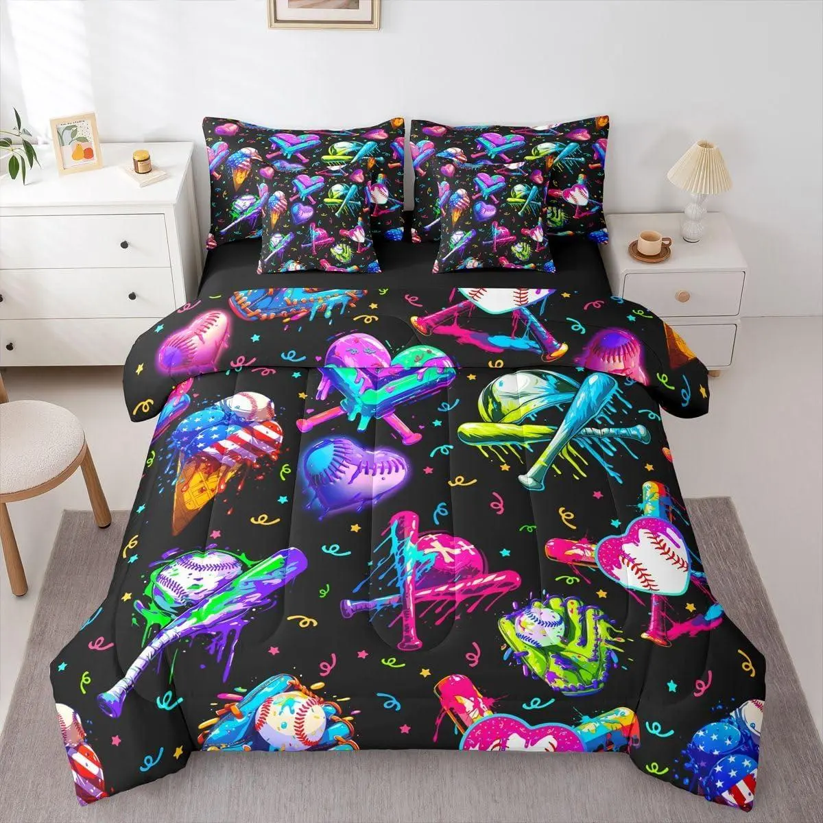 Kids Baseball Cream 7 Piece Bedding Set Ice Cooling Bed in a Bag For Boys Girls Teens Bedroom Decor Baseball Gaming Comforter Set with Sheets,Pillowcases & Cushion Cover Sports Microfiber