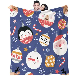 Christmas element printed blanket, penguin snowman Santa Claus pattern, suitable for children's Christmas bedroom decoration gift, soft and comfortable blanket, a single-sided printed blanket