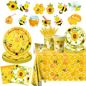142count Bee Party Decorations Tableware-Bumble Bee Themed Party Supplies Happy Honey Bee Disposable Banner,Tablecloth,Plates,Napkins,Cups,Gender Reveal Baby Shower Birthday Party Decorations