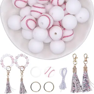 Baseball  Beads for  Making, 15mm   Beads Bulk with Tassel for Key Chain (Baseball)