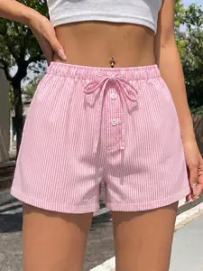 Korean Style Women's Crinkle Drawstring Waist Shorts Elastic Waist Casual Summer Bottoms Trendy Lightweight Loungewear Loose Straight Leg Shorts for Beachwear Streetwear Lounge Daily Pink/Blue Striped #summeroutfits #grungefashion #fyp