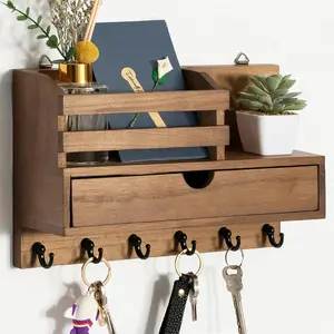 Key and Mail Holder for Wall, Mail Organizer Wall Mount with 6 Hooks and Storage Drawer, Wooden Key Rack Hanger with Shelf for Entryway and Home Decor