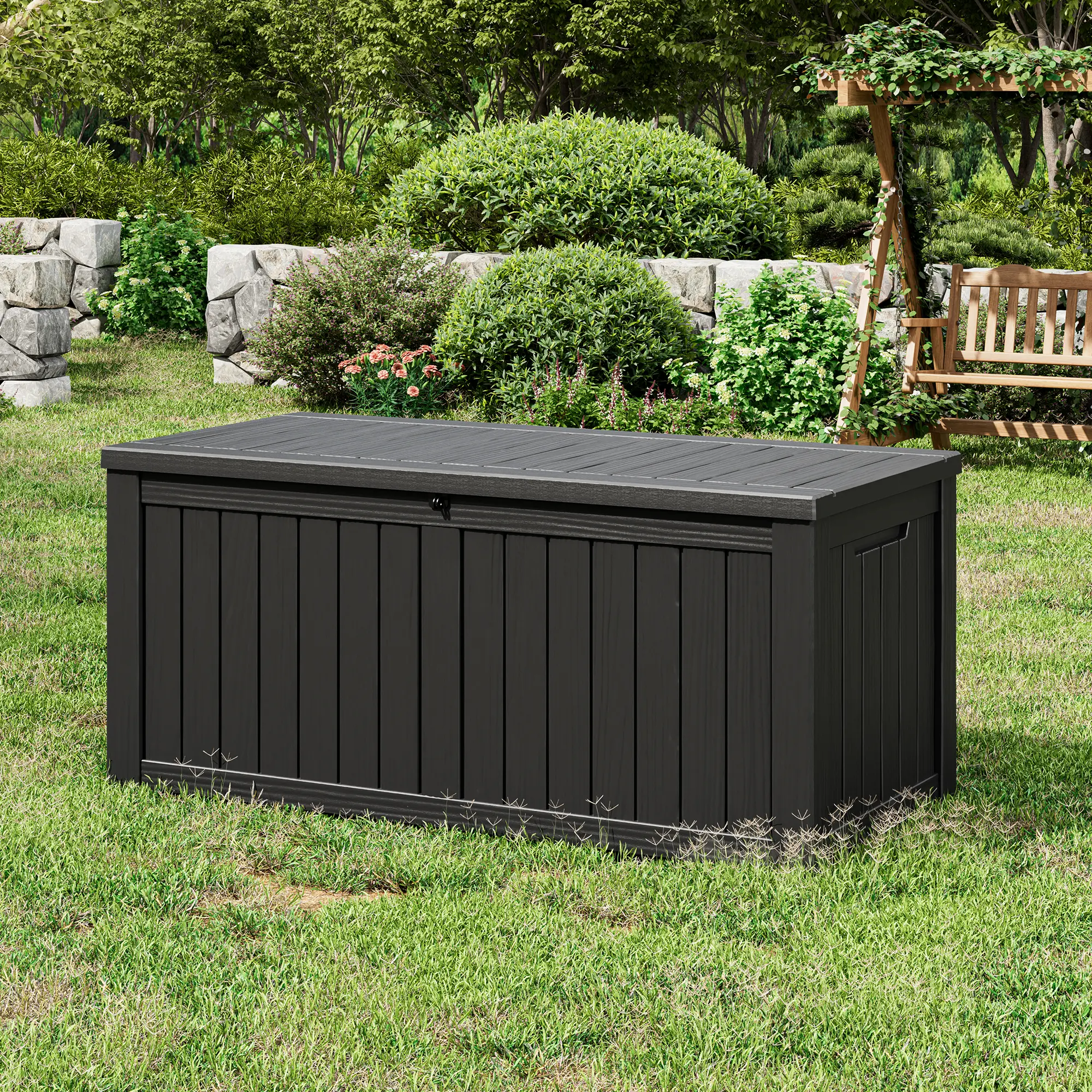 LHBCRAFT  150Gallon Outdoor Deck Storage Box, Lockable UV Protection Container for Patio, Garden & Backyard