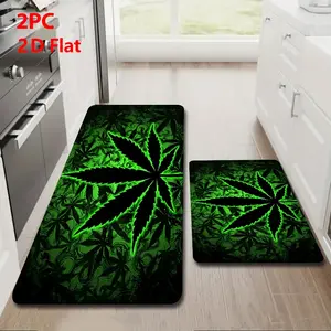 2pcs/3pcs Flannel Kitchen Mat Set, Dark Base, Fluorescent Leaf Pattern, Non-Slip, Absorbent, Home Decor