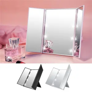 Trifold Vanity Mirror with Lights, Lighted Makeup Mirror , 8 LED Touch Dimming, Dual Power 180° Rotation Lit Beauty Table Mirror, Make up Mirror with Lighting