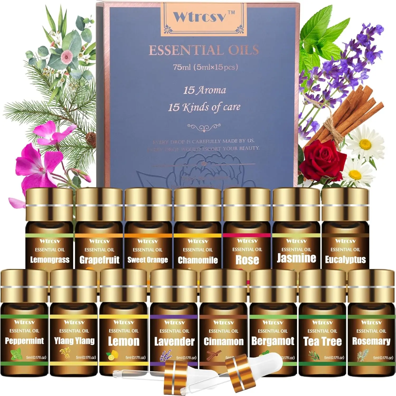 Wtrcsv Essential Oils Set - 15 Cold-Pressed Steam-Distilled Scents for Blend Scented Oil Diffusers, Skin Care - Gift-Box Ready Boxed Bottled Set (5ml)