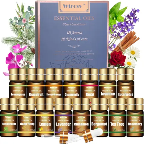 Wtrcsv Therapeutic Essential Oils Set - 15 Cold-Pressed Steam-Distilled Natural Fragrance Oils, 5ml Frostprotect Bottles, Certified Organic Chemical-Free Botanical Extracts, Stress Relief for Home Care, Aromatherapy Diffusers, Unisex Wellness Gift