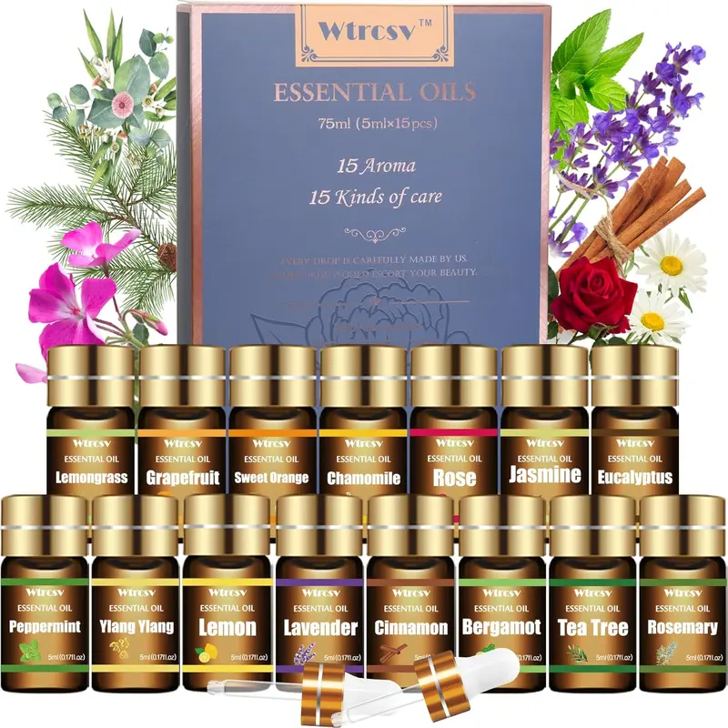 Wtrcsv Therapeutic Essential Oils Set - 15 Cold-Pressed Steam-Distilled Natural Fragrance Oils, 5ml Frostprotect Bottles, Certified Organic Chemical-Free Botanical Extracts, Stress Relief for Home Care, Aromatherapy Diffusers, Unisex Wellness Gift
