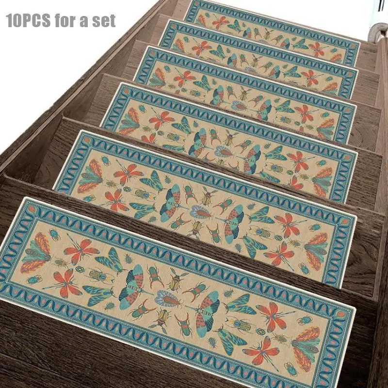 Butterfly Pattern Stair Mat, 10pcs/set Non-slip Stair Carpet, Washable Stair Treads for Home Living Room Bedroom Hotel, Boho Rugs, Bohemian Style Rugs, Machine Washable Rugs