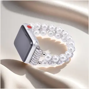 Luxury Pearl Beaded Iwatch Band, Stainless Steel Jewelry Strap for 1-S10Pro Series 11/SE 3/Ultra 3 Women & Girls, Fits Series 7-4, Sizes 38-49mm, Elastic Comfort Design Smart Watch Strap