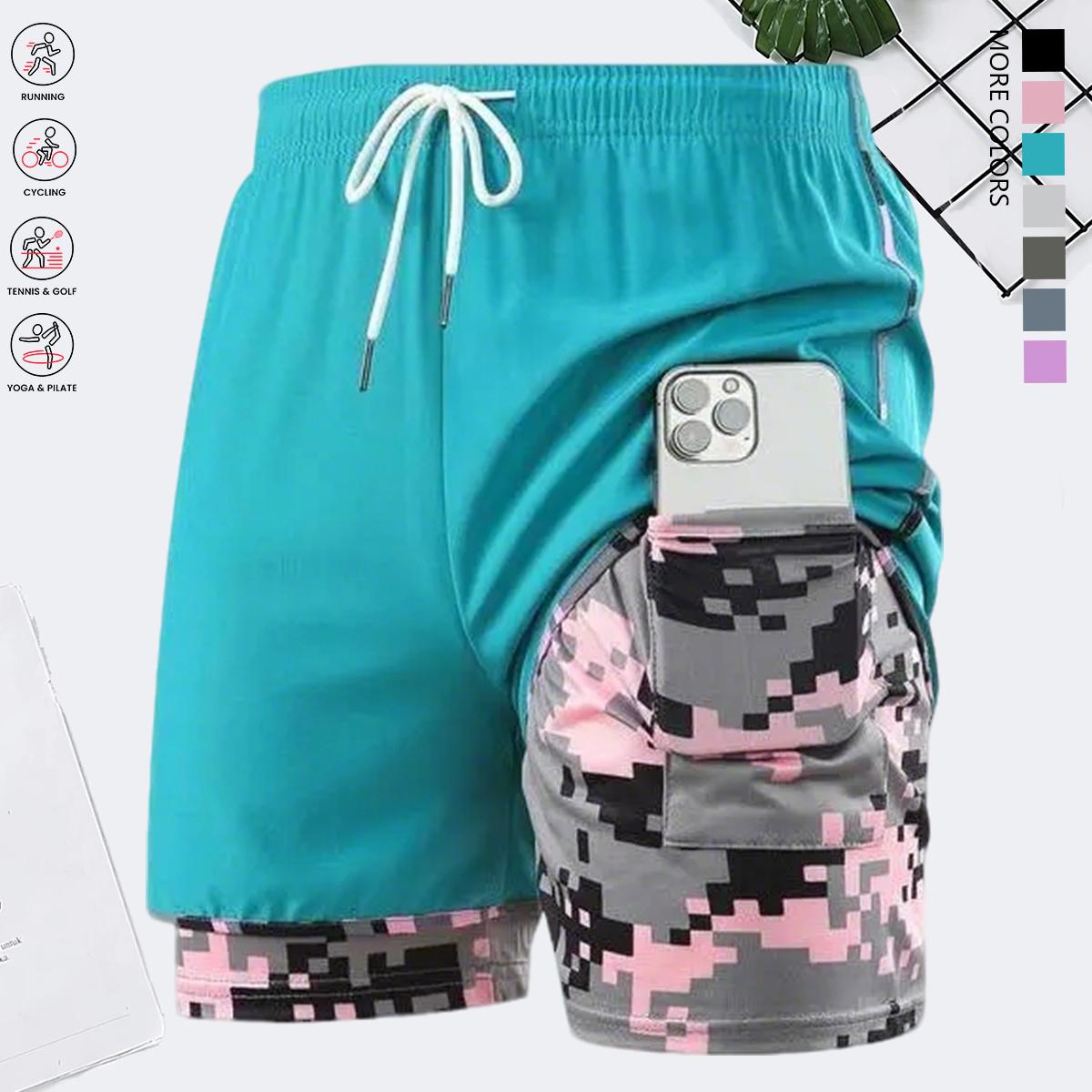 Women’s summer shorts: double-layer faux two-piece mid-length shorts; camouflage women’s shorts; polyester–spandex knit fabric shorts; breathable, quick-drying compression base layer shorts; elastic waistband with drawstring; side mesh pockets; suitable f