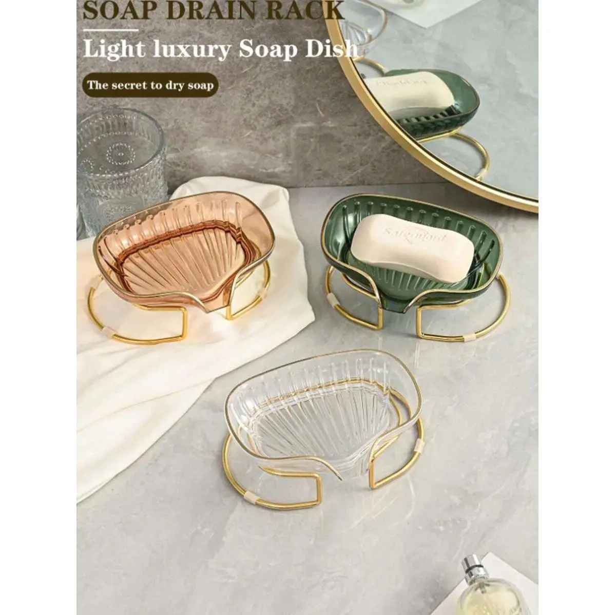 1pc Exquisite Soap Dish Tray Without Drilling, Gold-Rimmed Soap Holder For Home Use, Nordic Style Tray For Bathroom And Kitchen, Water-Free Organizer, Suitable For Kitchen, Bathroom, And Living Room Sinks Home Bathroom Decor Fall Decor Back To School