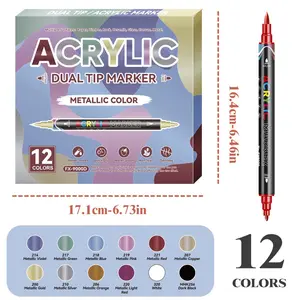 12pcs Dual Tip Acrylic Markers Set, Permanent Drawing Markers, Artistic Drawing Pens for Kids DIY Painting, Smooth Ink, Full Color Range, Stacking Colors, Stationery Kit
