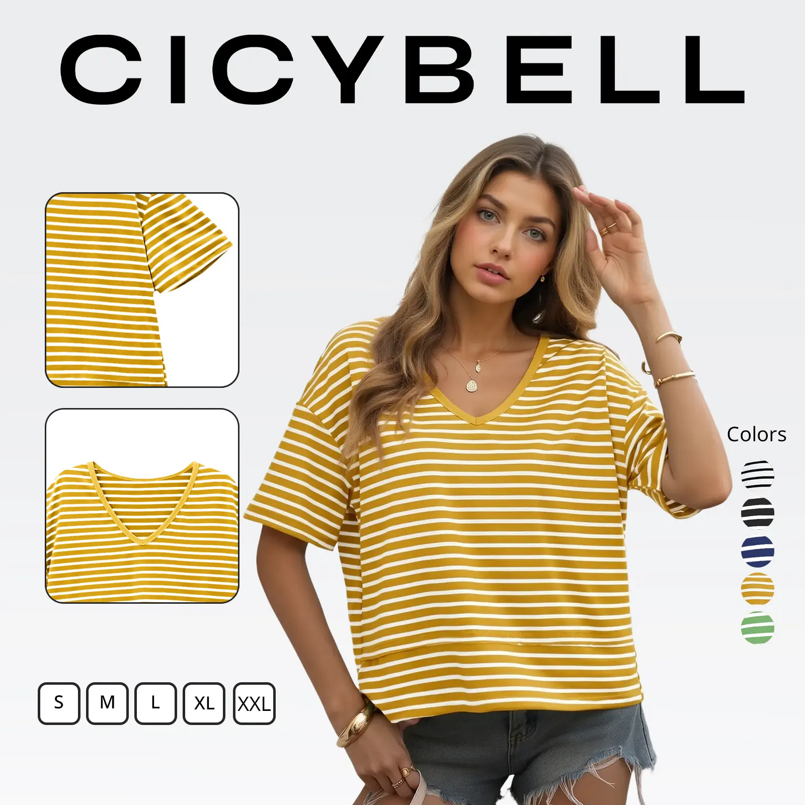 Cicy Bell Women's Striped V-Neck Short-Sleeve T-Shirt - Soft, Breathable, Elastic Fabric Casual Loose Basic Top for Summer, Women's T-Shirts
