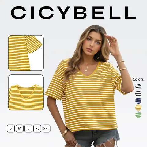 Cicy Bell Women's Striped V-Neck Short-Sleeve T-Shirt - Soft, Breathable, Elastic Fabric Casual Loose Basic Top for Summer, Women's T-Shirts
