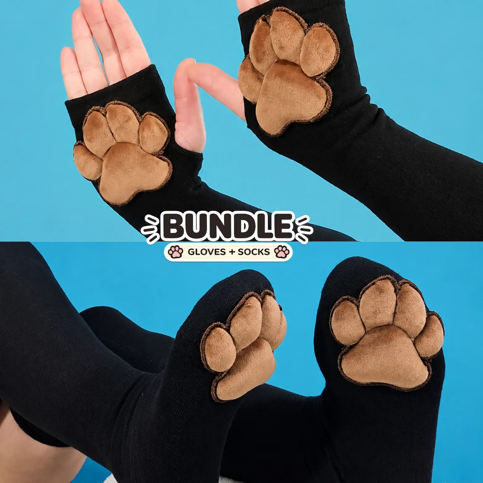 Black Thigh High Cat Paw Socks & Glove Set– Brown Plush Paw Pads