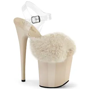 Women's Fluffy Heeled Platform Sandals - High Heels, Elegant, Soft, Cream Faux Fur/Clear Classy Fashion Footwear, 808FUR Shoe