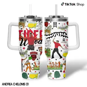 Tiger Woods Golf Tumbler With Handle, GOAT Greatest of All Time Insulated Travel Mug 40oz, Golfer Gift Mug