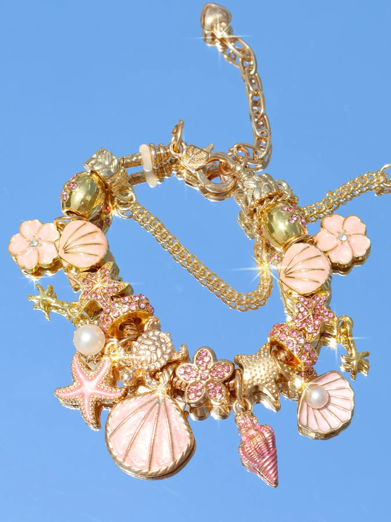 Beach Vacation Style Cherry Blossom Charm Bracelet, Ocean Life Starfish Shell Bracelet, Summer DIY Flower Bracelet, Fashionable Sakura Starfish Bracelet, Floral Charm Bracelets