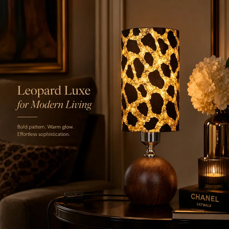 CXTVOVZSSY - Gold glitter leopard print PLA table lamp, walnut wood spherical ball base mini bedside lamp, accent desk lamp with inline button switch and US plug, eco-friendly shade decorative light for Y2K vintage dorm apartment housewarming gift