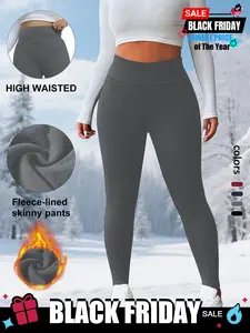 Women's Fleece Lined High Waist Leggings, Solid Color Warm Pants, High Elasticity, Comfortable Daily Wear for Fall & Winter