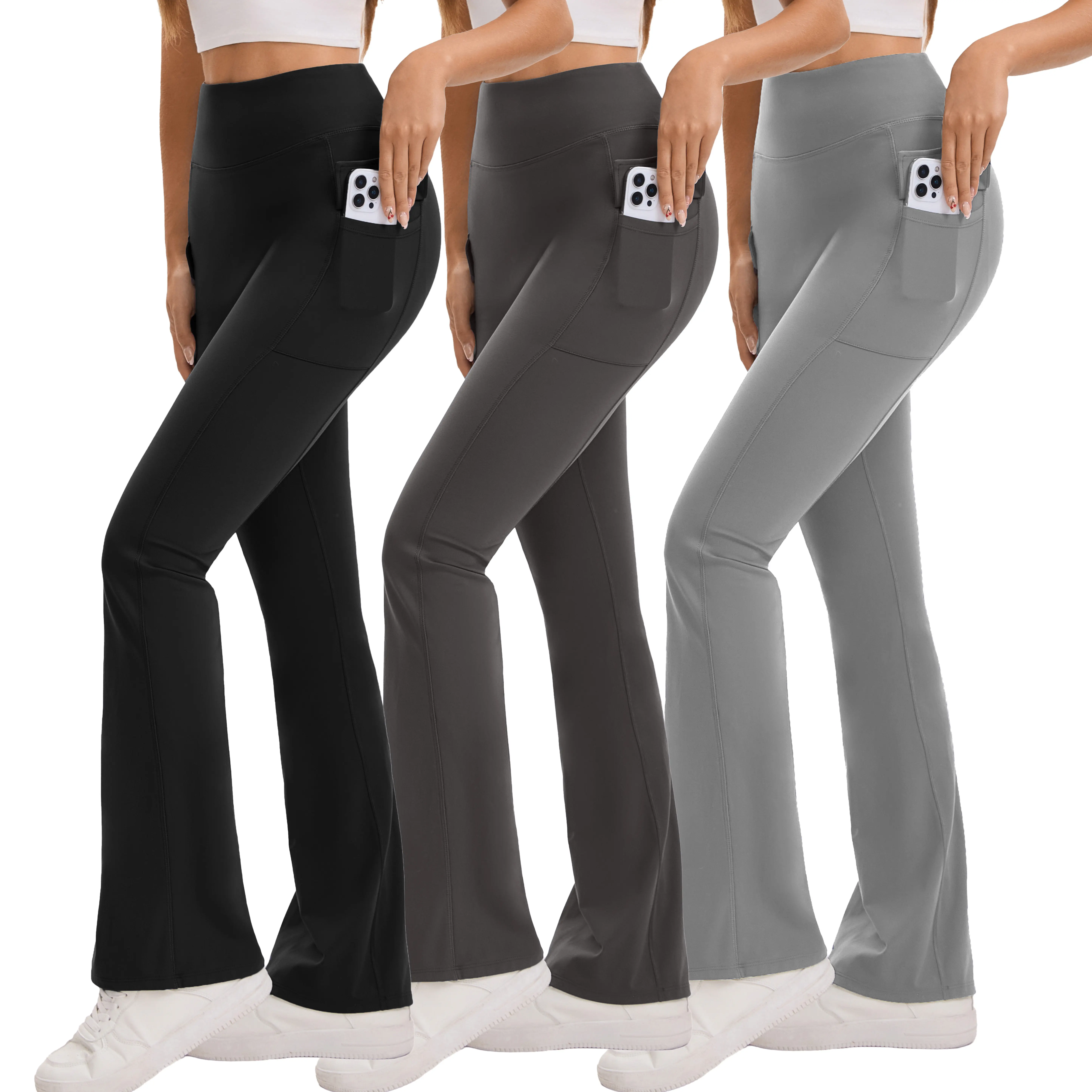 Women's 3PCS High-Waisted Flare Leggings - Butt-Lifting Breathable Athletic Bottoms with Dual Side-Flap Pockets, Relaxed Bootcut for Fitness & Casual Wear, Gym OOTD Sporty Chic Leggings Women, Womens Fitness, Butt-Lift Flares, All Seasons, Fitness Wear