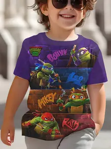 Summer Teenage Mutant Ninja Turtles Four Brothers Character Layered Digital Printing T-shirt, Graphic Printed Tee, 100% polyester, casual children's clothing, suitable for boys' daily outings and outdoor sports, a perfect gift for boys, Funny Graphic Tee