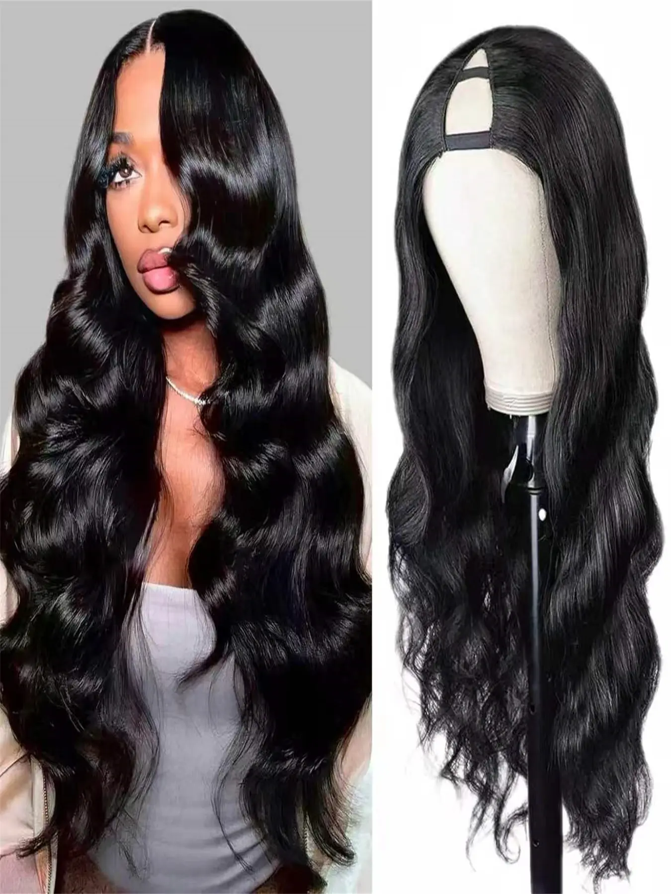 V Part Wig Human Hair Body Wave, U Part Adjustable Human Hair Wig with Clips, Brazilian Virgin 100% Human Hair, Glueless, Beginner Friendly, Natural Looking Wigs