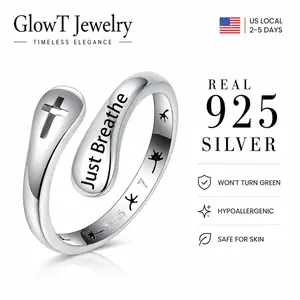 925 Sterling Silver "Just Breathe" Cross Adjustable Ring, Inspirational Faith Open Wrap Statement Band Engraved Inspirational Jewelry