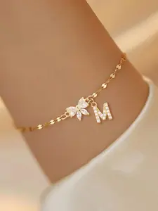 Rhinestone Decorated Bowknot & Letter Design Bracelet, Letter Link Bracelet, Fashionable Jewelry for Women & Girls, Trendy All-match & Exquisite Jewelry for Birthday Gift
